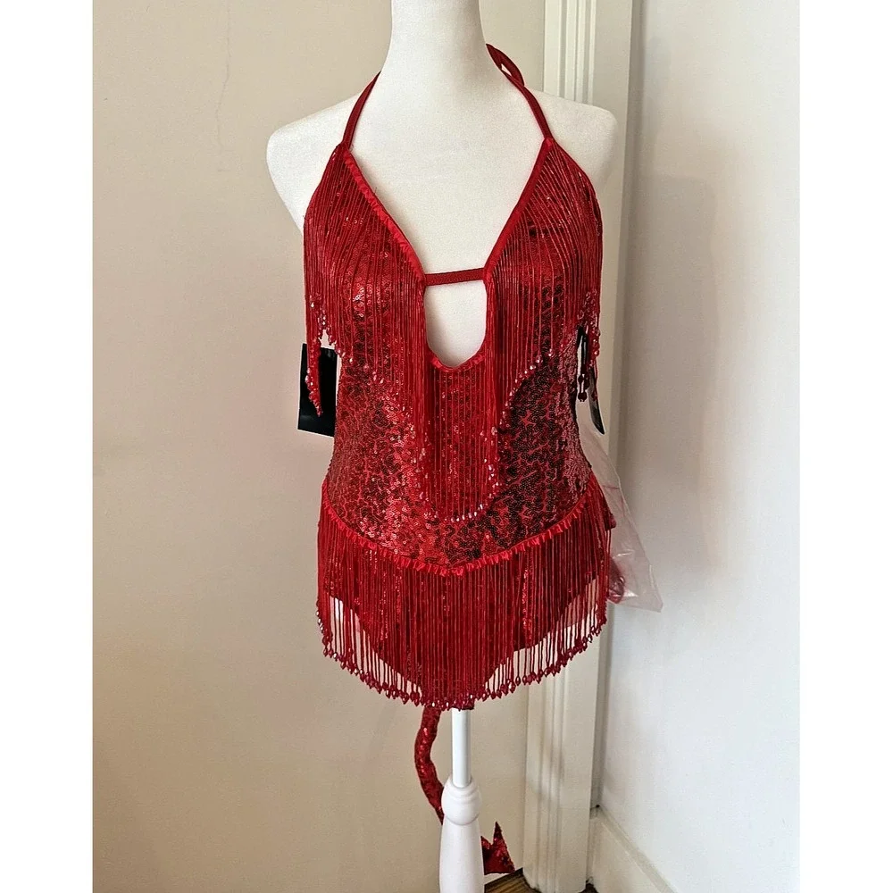 NWT LG Sequined Beaded TIPSY‎ ELVES Sexy Devil Costume Leotard Halloween Party